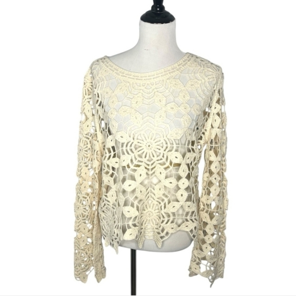 Cloth By Design Cream Crochet Long Sleeve Top Beachy Artsy Logenlook Preowned